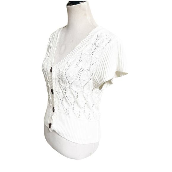 Rye Grass Cropped Cardigan Crochet Cable Knit Sweater Size Medium White V-Neck - Picture 2 of 10